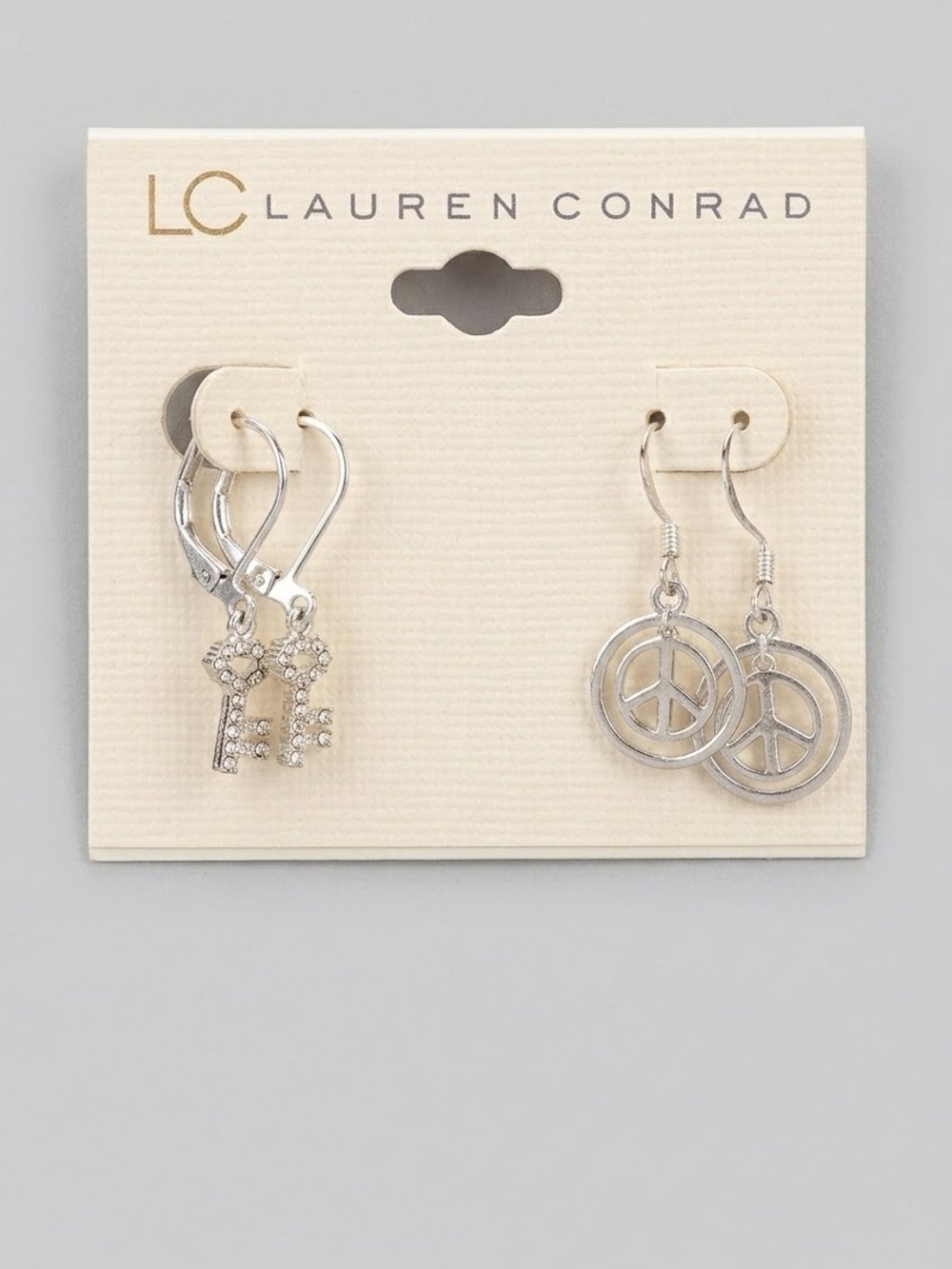 LC Lauren Conrad Silver Tone Earring Set Keys & Peace Symbols Mix & Match